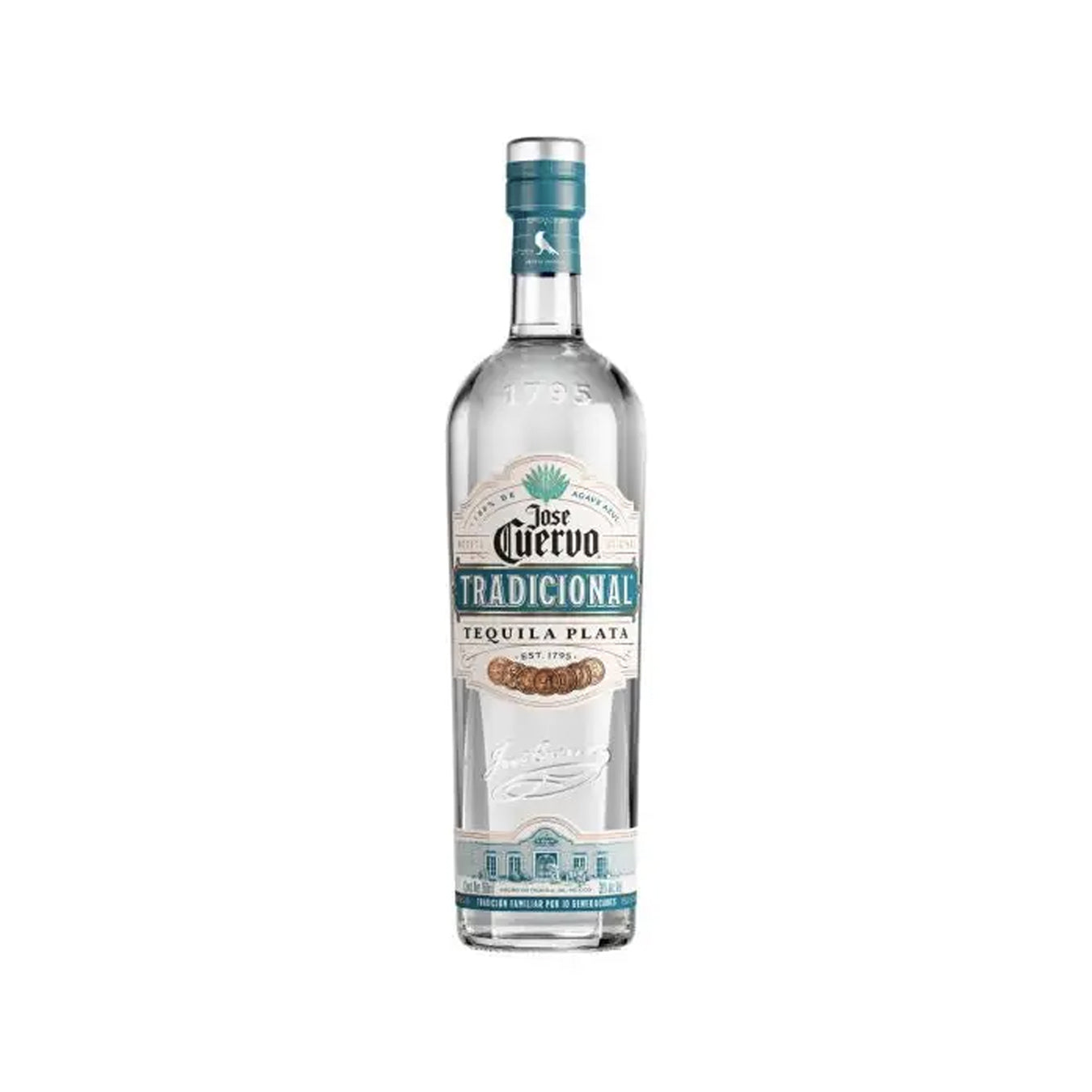 Botella de Tequila José Cuervo Tradicional Plata 950 ml sobre fondo blanco