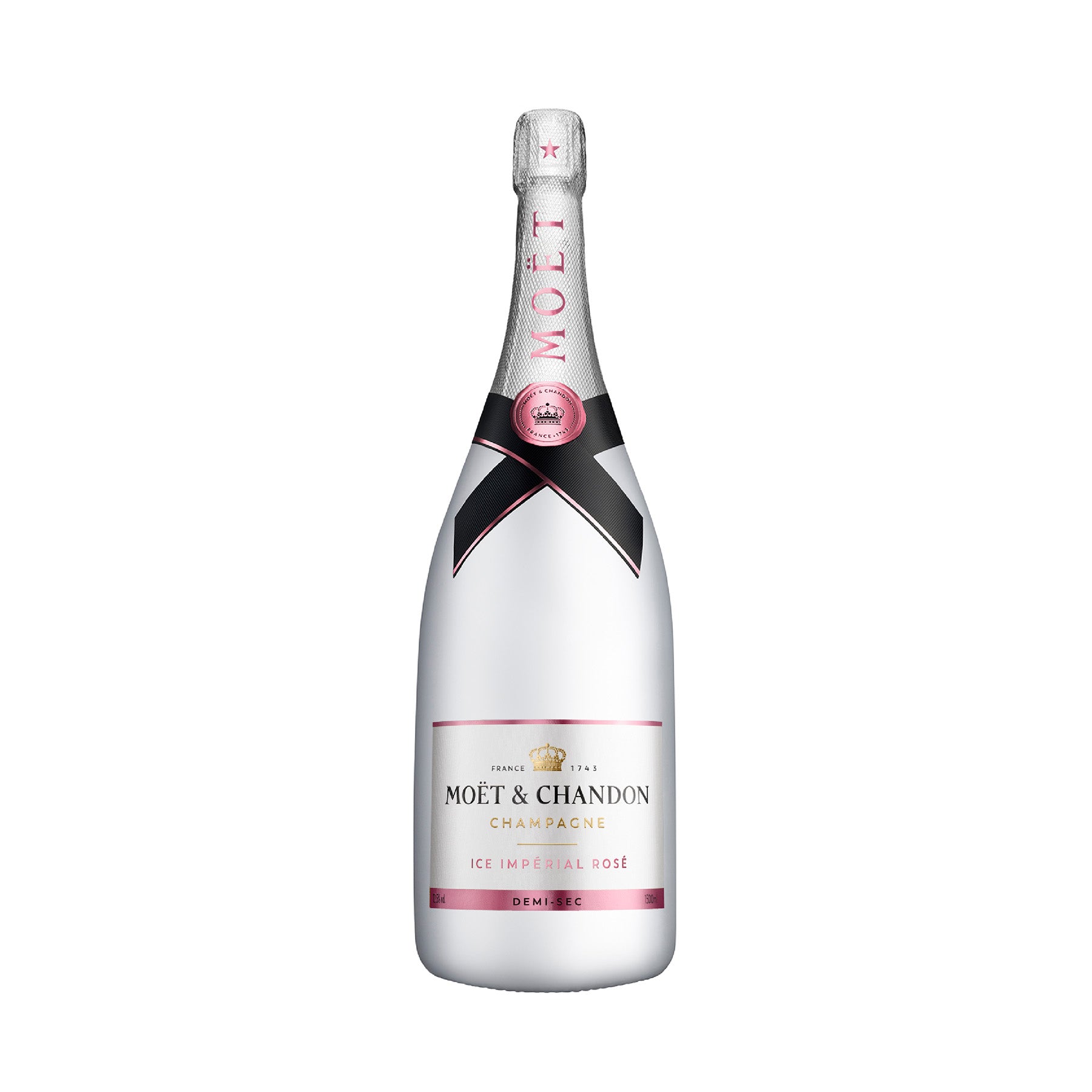 "Botella de Champagne Moët & Chandon Ice Impérial Rosé 1500 ml, ideal para disfrutar con hielo y frutas frescas."