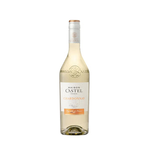 Botella de Maison Castel Chardonnay 750 ML 13%, mostrando su elegante etiqueta y color amarillo dorado del vino.