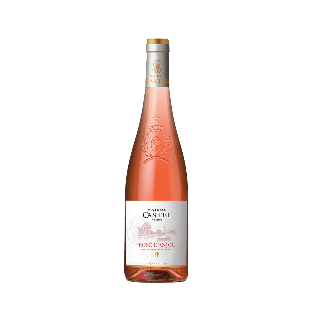 Botella de Vino Rosado Maison Castel Rosé d’Anjou 750 ML, mostrando su elegante diseño y color rosado brillante.