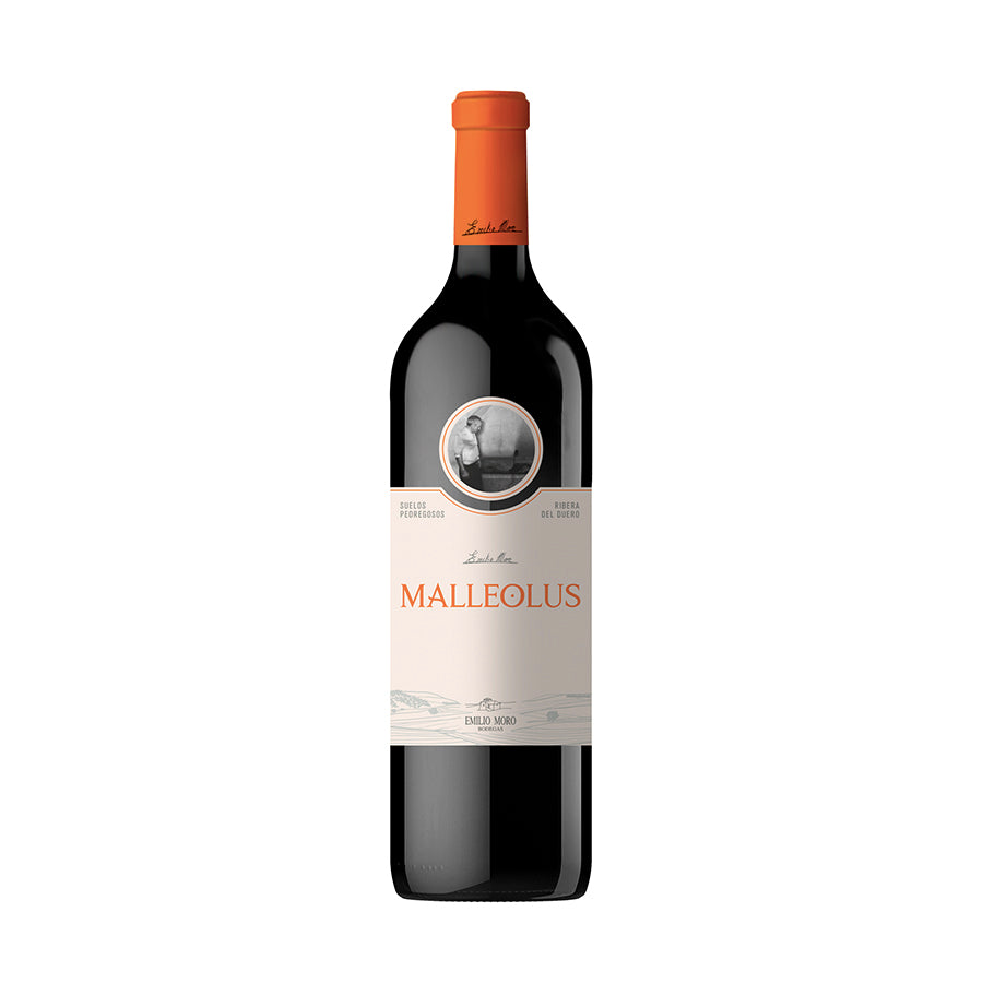 Botella de Vino Tinto Malleolus 2021, D.O. Ribera del Duero, con etiquetas destacadas sobre fondo blanco, ideal para maridar con carnes y quesos curados.