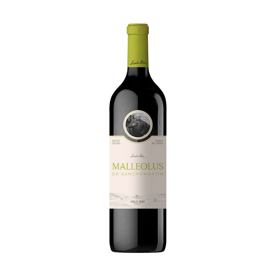 Botella de Vino Tinto Malleolus de Sanchomartín 2020, D.O. Ribera del Duero, con etiquetas destacadas sobre fondo blanco, ideal para maridar con carnes y quesos curados.