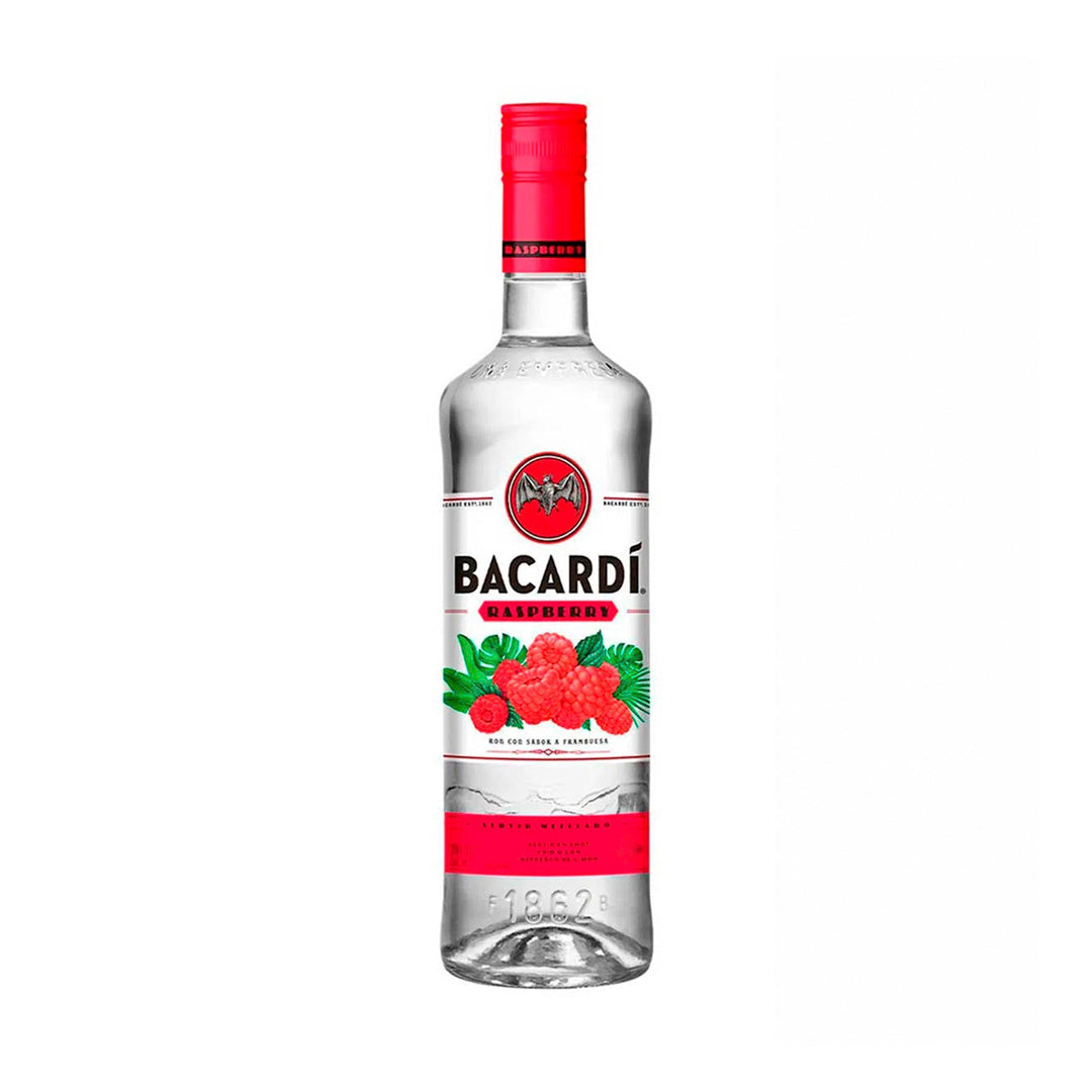 Botella de Ron Bacardí Razz 750 ml – Ron blanco infusionado con frambuesas naturales, ideal para cócteles frescos y tropicales.