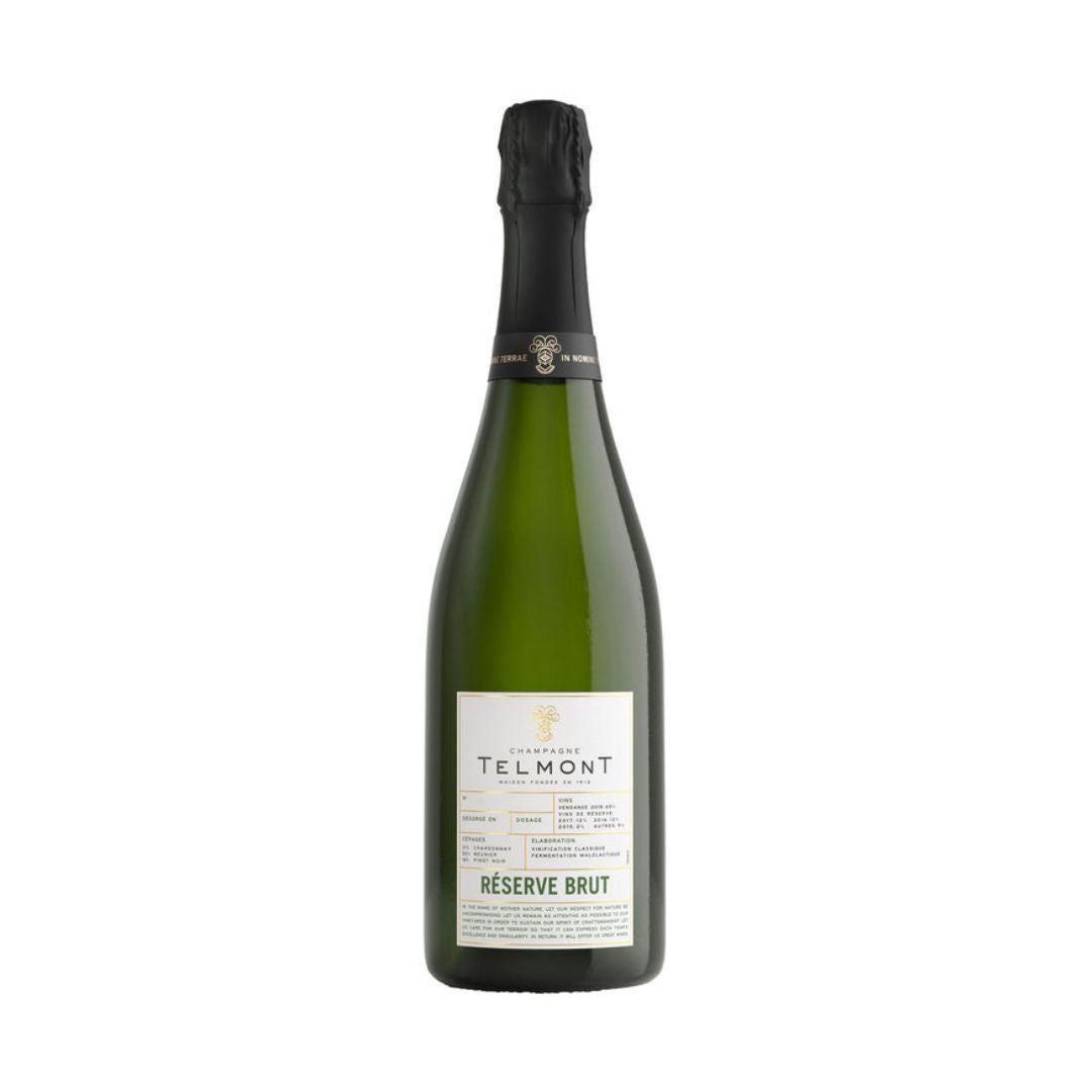 Botella de Champagne Telmont Brut 750 ML con fondo elegante y detalles sofisticados.