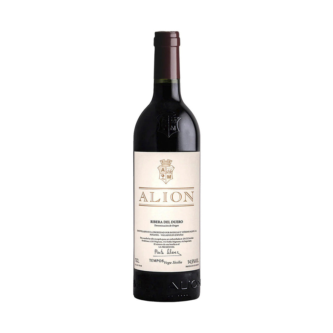 Botella de Vino Tinto Alion 750 ML con fondo elegante y detalles sofisticados.
