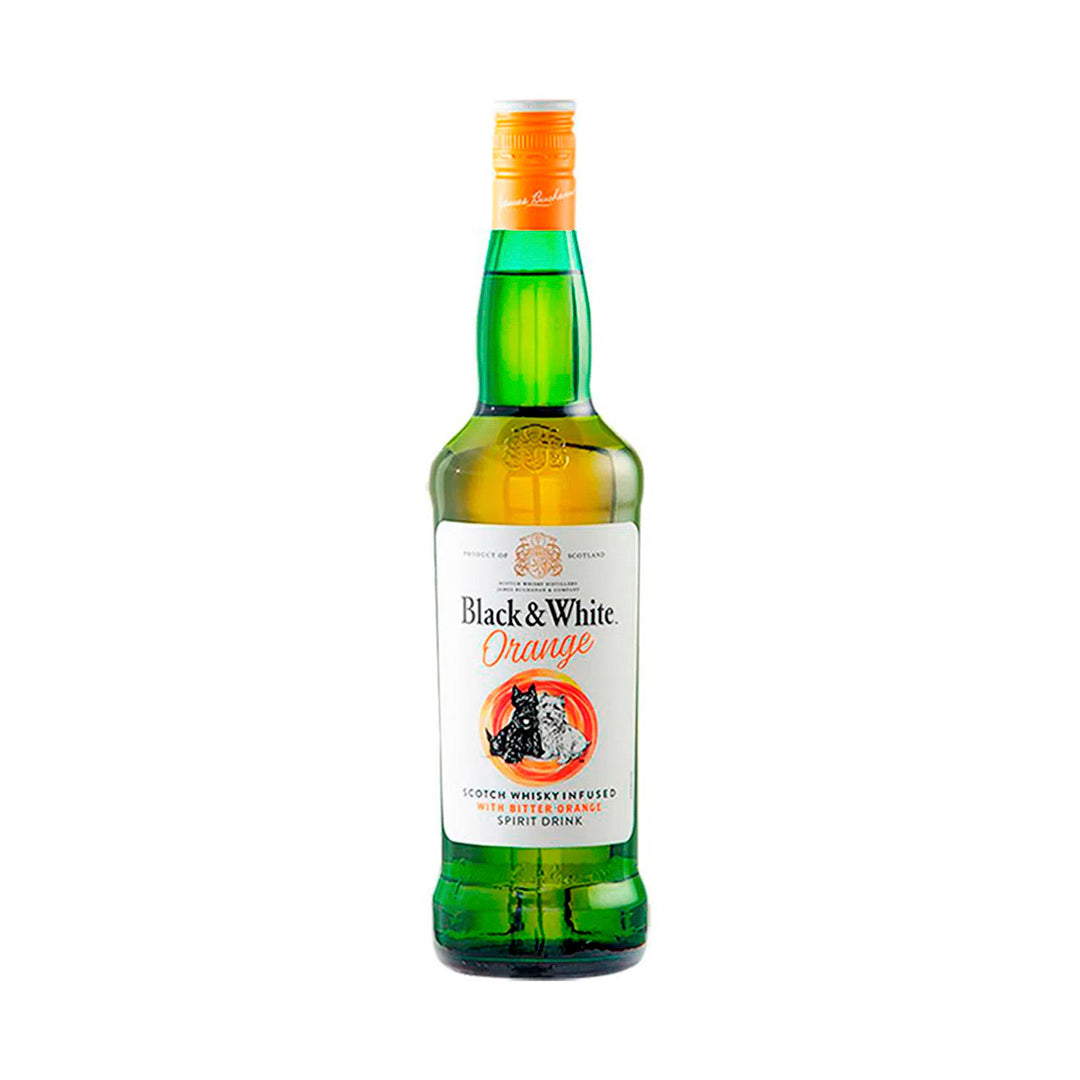 "Botella de Whisky Black & White Orange 700 ml, una fusión refrescante de whisky escocés con notas cítricas de naranja."