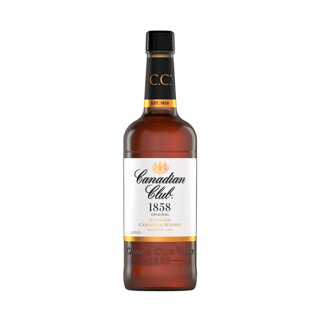 "Botella de Whisky Canadian Club 750 ml, un whisky canadiense suave y balanceado con notas de caramelo y especias."