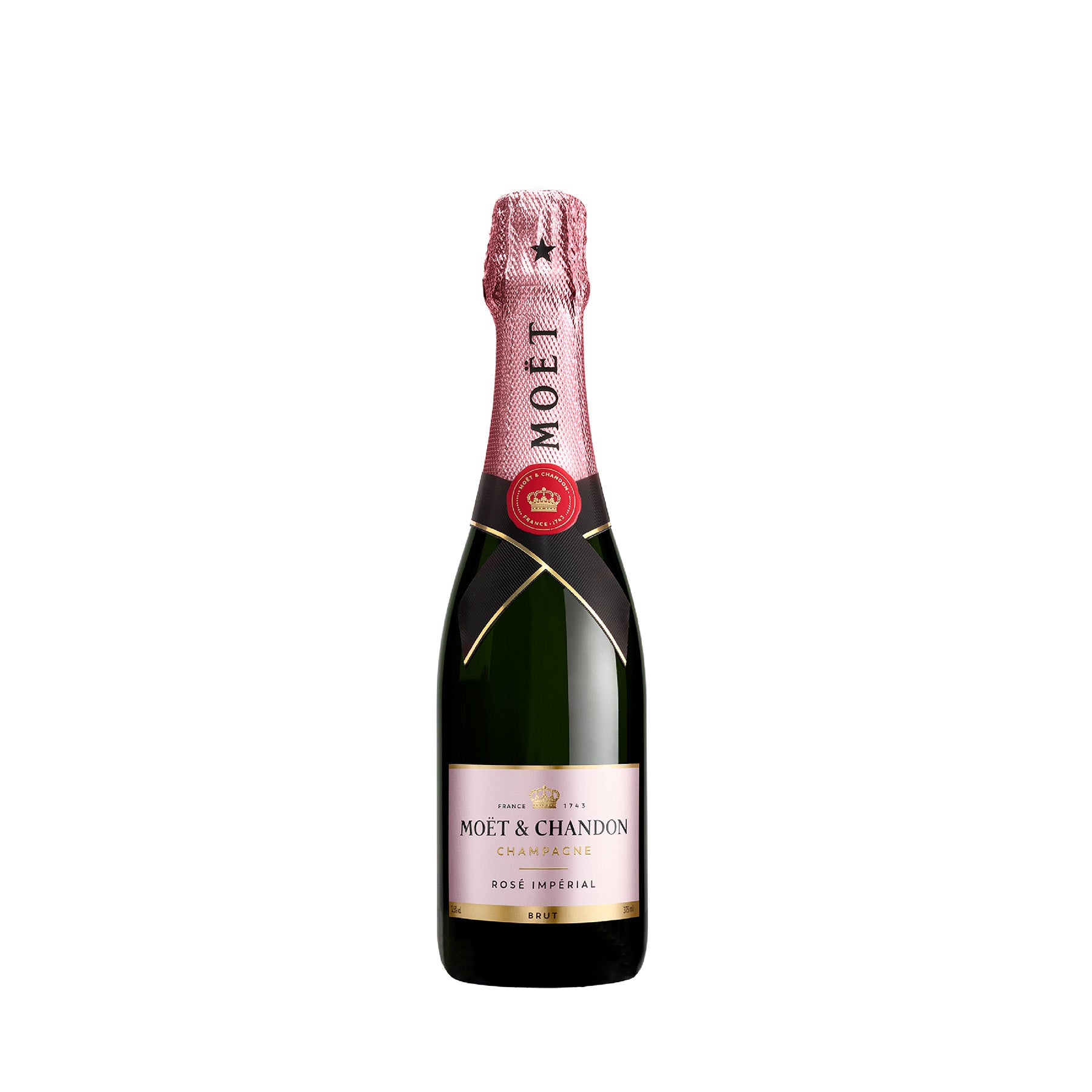 Botella de Champagne Moët Rosé Imperial 375 ML con fondo elegante y detalles sofisticados.
