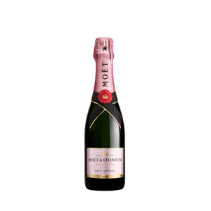 Botella de Champagne Moët Rosé Imperial 375 ML con fondo elegante y detalles sofisticados.