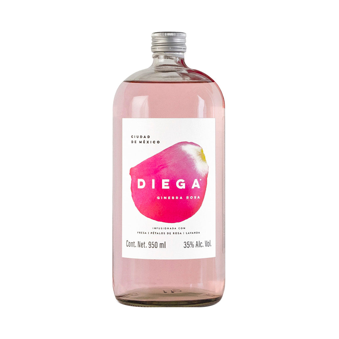 Diega Rosé Ginebra 950 ml – Ginebra artesanal mexicana con frutos rojos y pétalos de rosa.