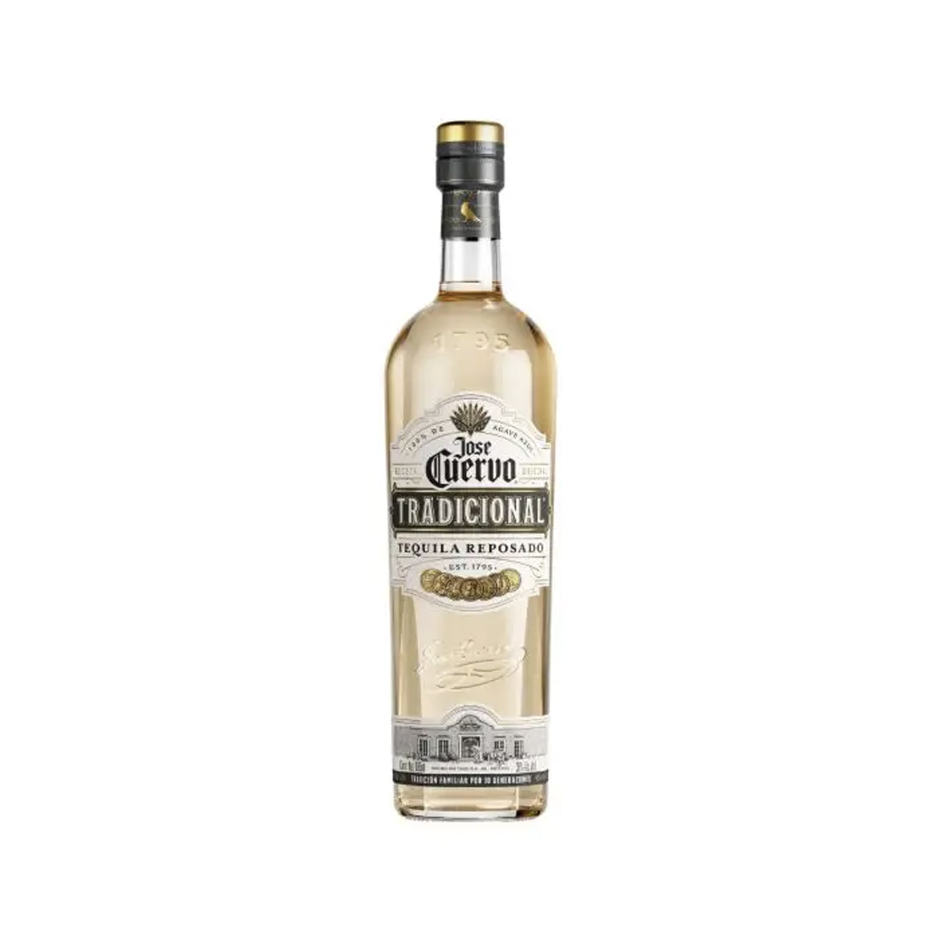 Botella de Tequila José Cuervo Tradicional Reposado 695 ml sobre fondo oscuro