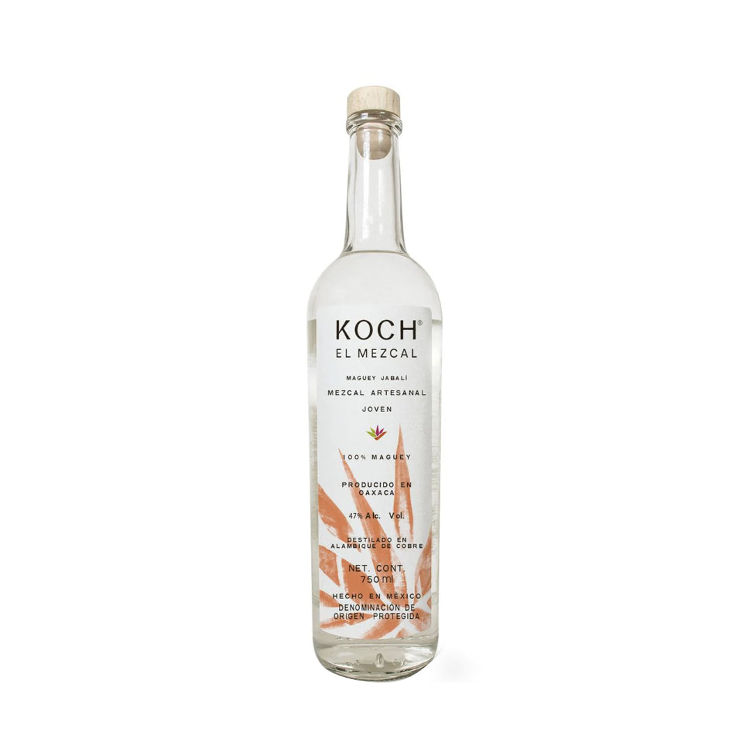 Botella de Mezcal Koch Artesanal Jabalí 750 ML sobre fondo elegante, destacando su diseño y autenticidad artesanal.