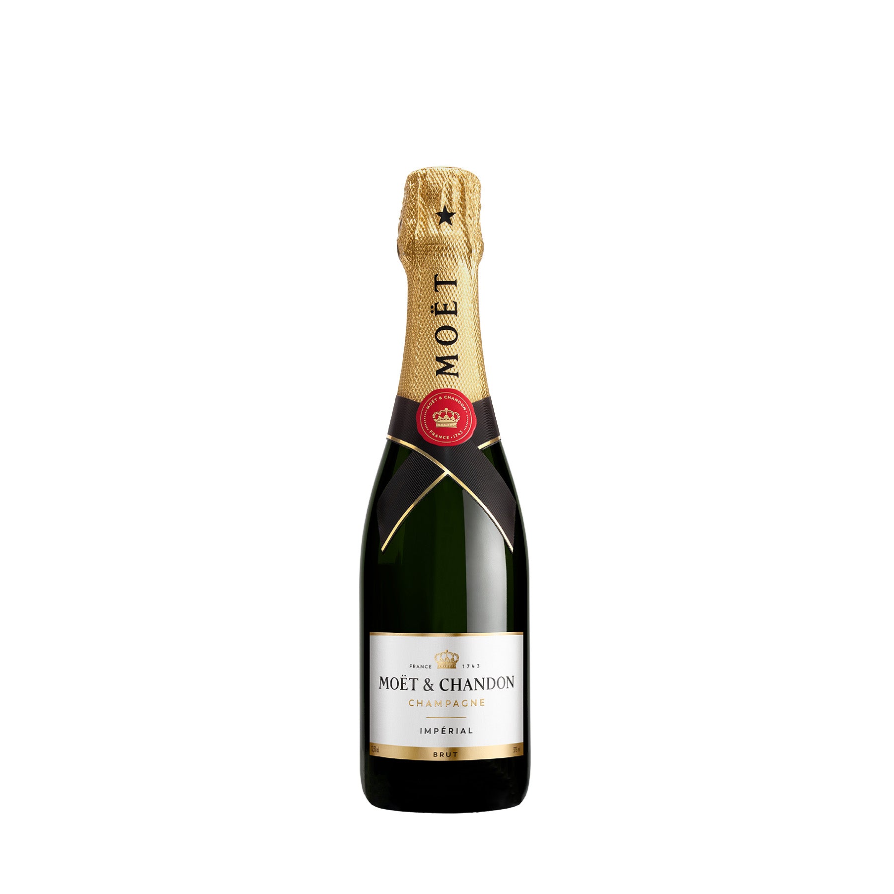 "Botella de Champagne Moët & Chandon Impérial 375 ml con copa servida, reflejando burbujas finas y un ambiente sofisticado. Ideal para celebraciones íntimas."

