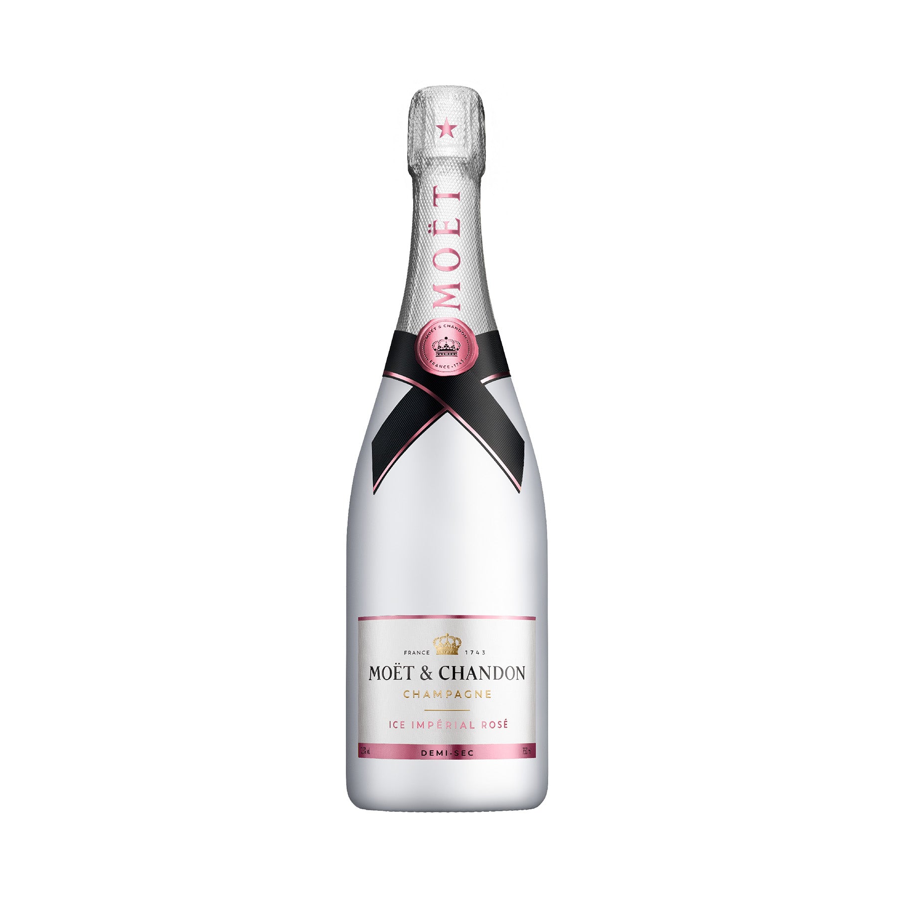 Botella de Moët Ice Imperial Rosé 750 ML con fondo elegante y detalles sofisticados.