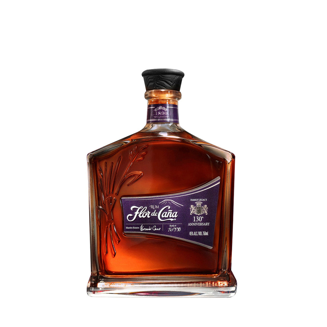 Botella de Ron Flor de Caña 130 Aniversario 750 ml – Edición limitada premium de Nicaragua, con notas de cacao y roble.