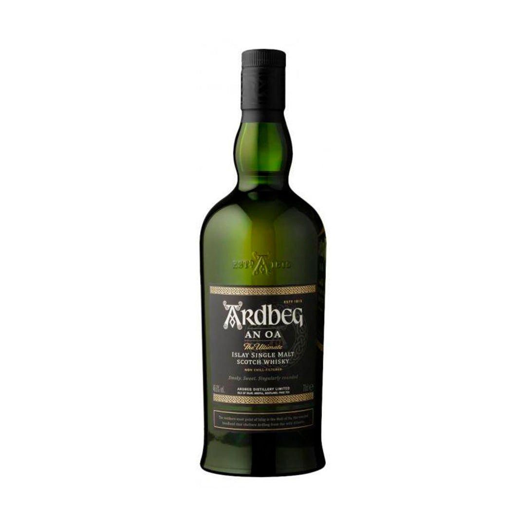 Botella de whisky Ardbeg An Oa 750 ml – Single malt escocés de Islay con notas ahumadas y barricas de jerez