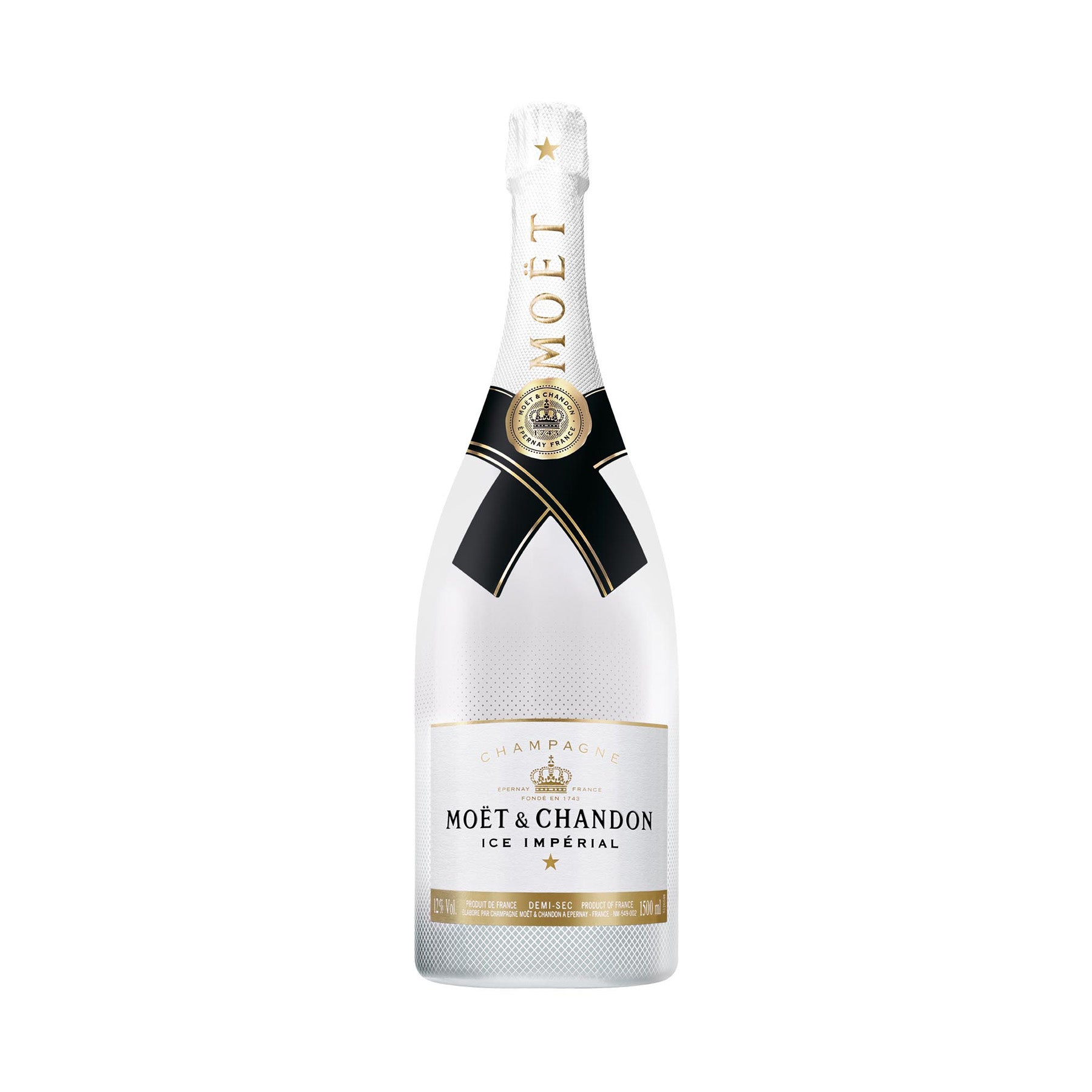 "Botella de Moët & Chandon Ice Impérial 1500 ml, un champagne fresco y afrutado, perfecto para disfrutar con hielo."