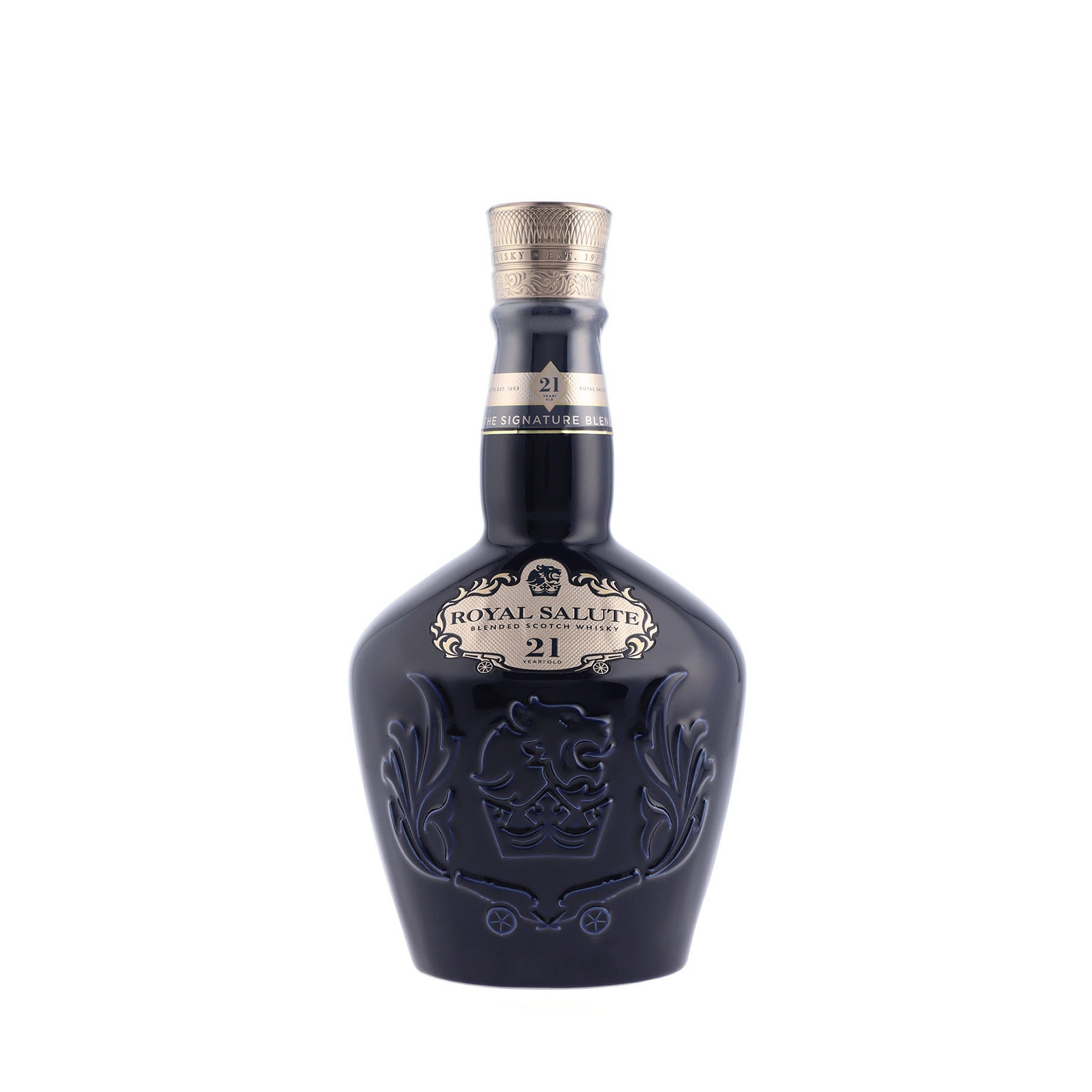 "Botella de Whisky Royal Salute 21YO 700 ml con presentación en cerámica azul."