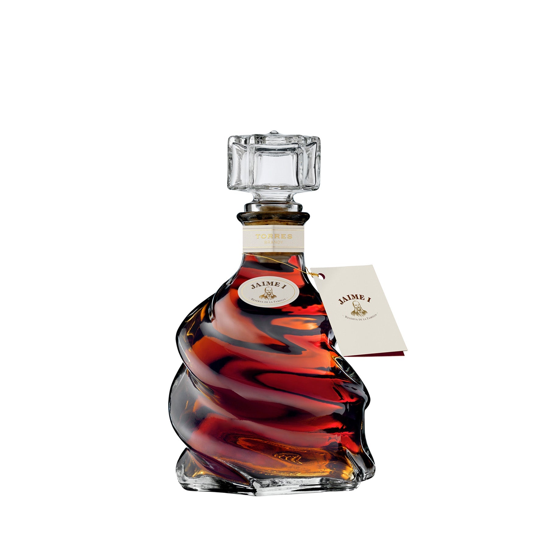 "Vista cercana de la botella de Brandy Torres Jaime 1RO, con su elegante diseño y color dorado."