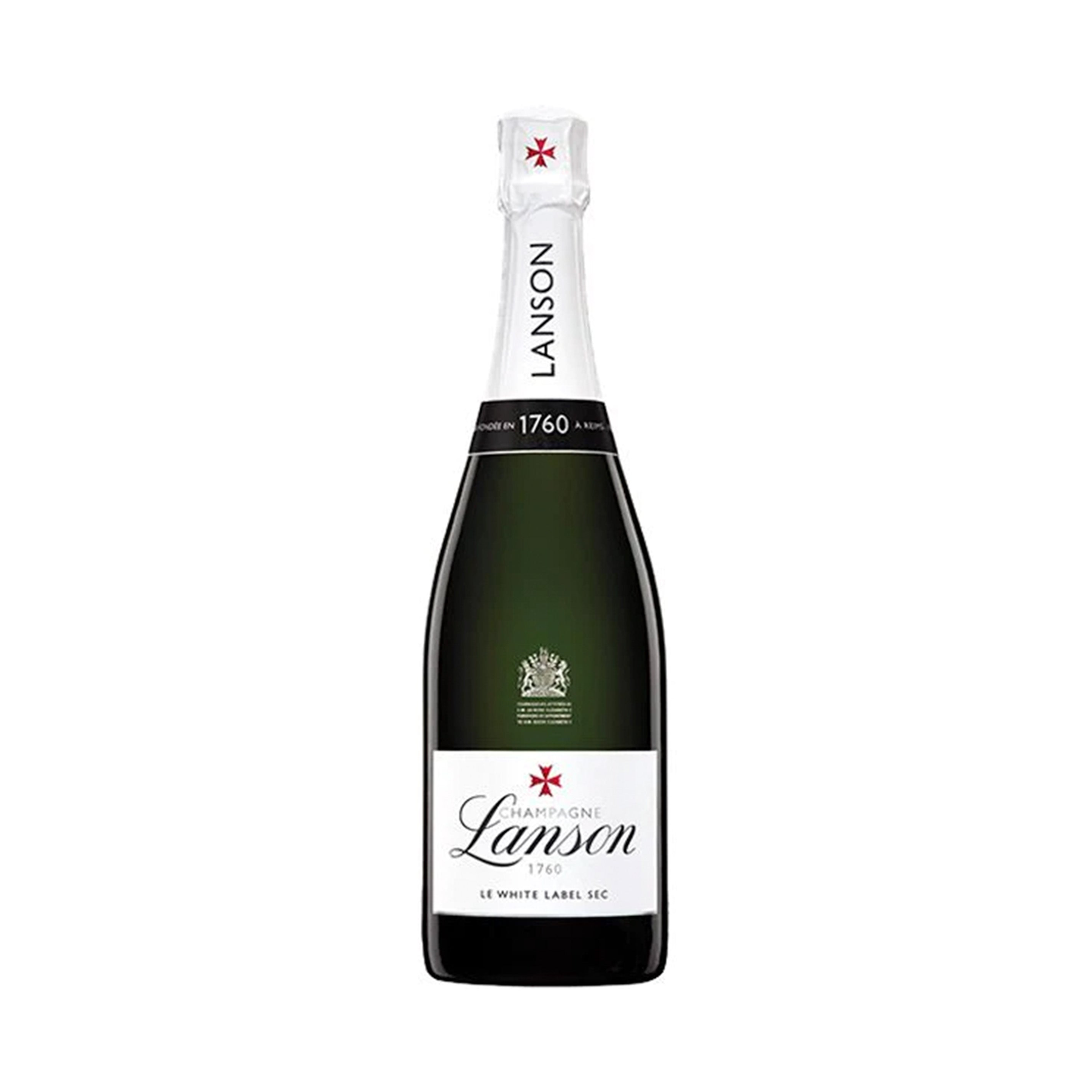 Botella de Champagne Lanson White Label Sec 750 ML con fondo elegante y detalles sofisticados.