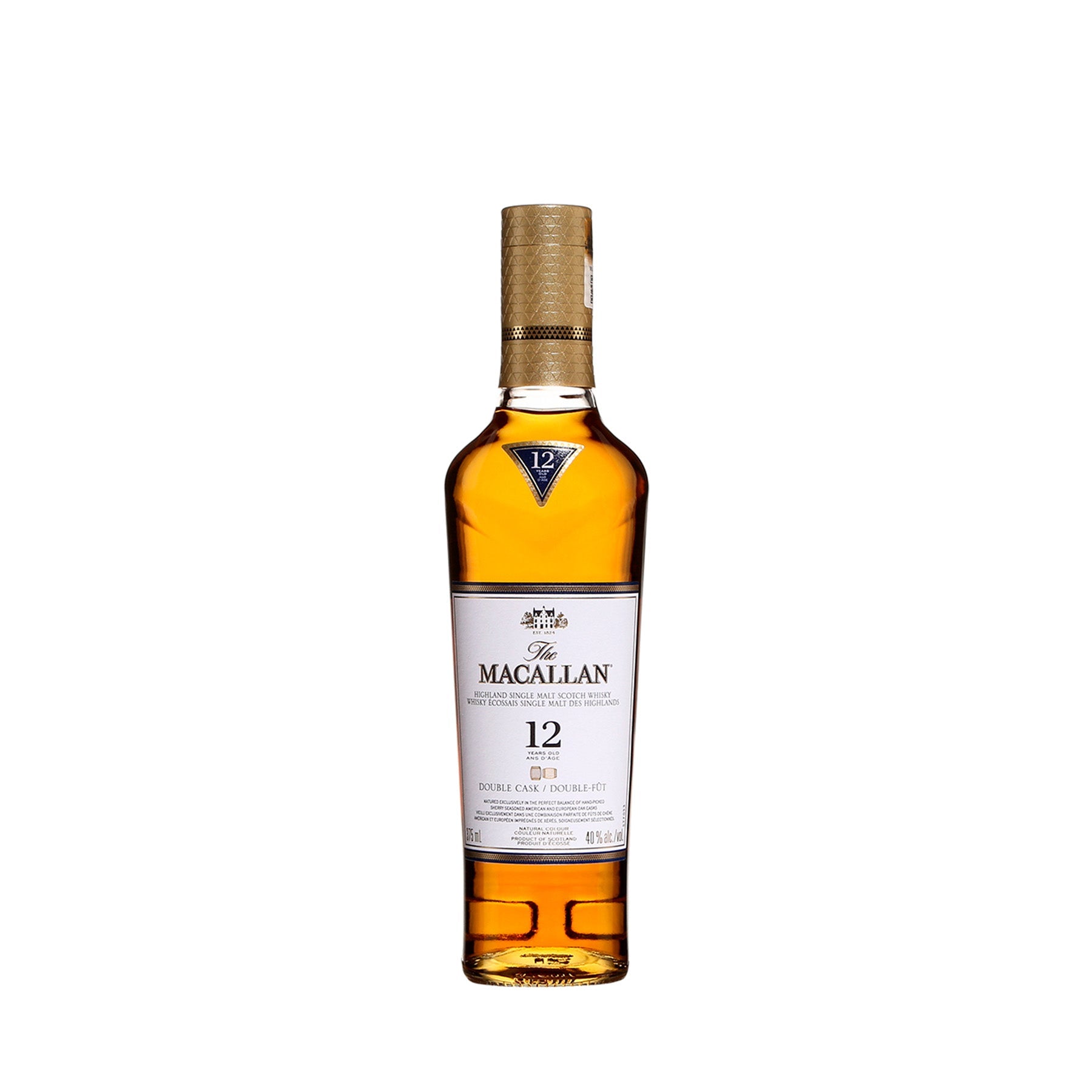 "Botella de Whisky Macallan 12 Años Double Cask 350 ml con vaso servido, reflejando su color ámbar dorado y su sofisticación."