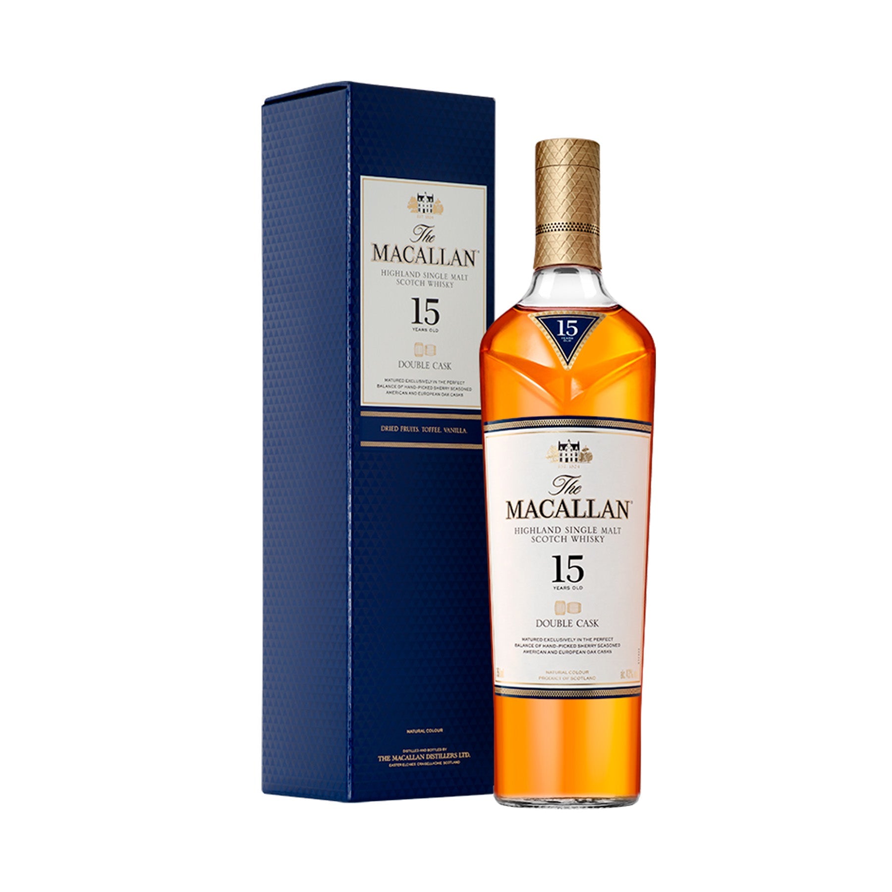 "Botella de Whisky Macallan 15 Double Cask 700 ml, un whisky escocés de malta premium con notas de frutas secas, miel y especias."