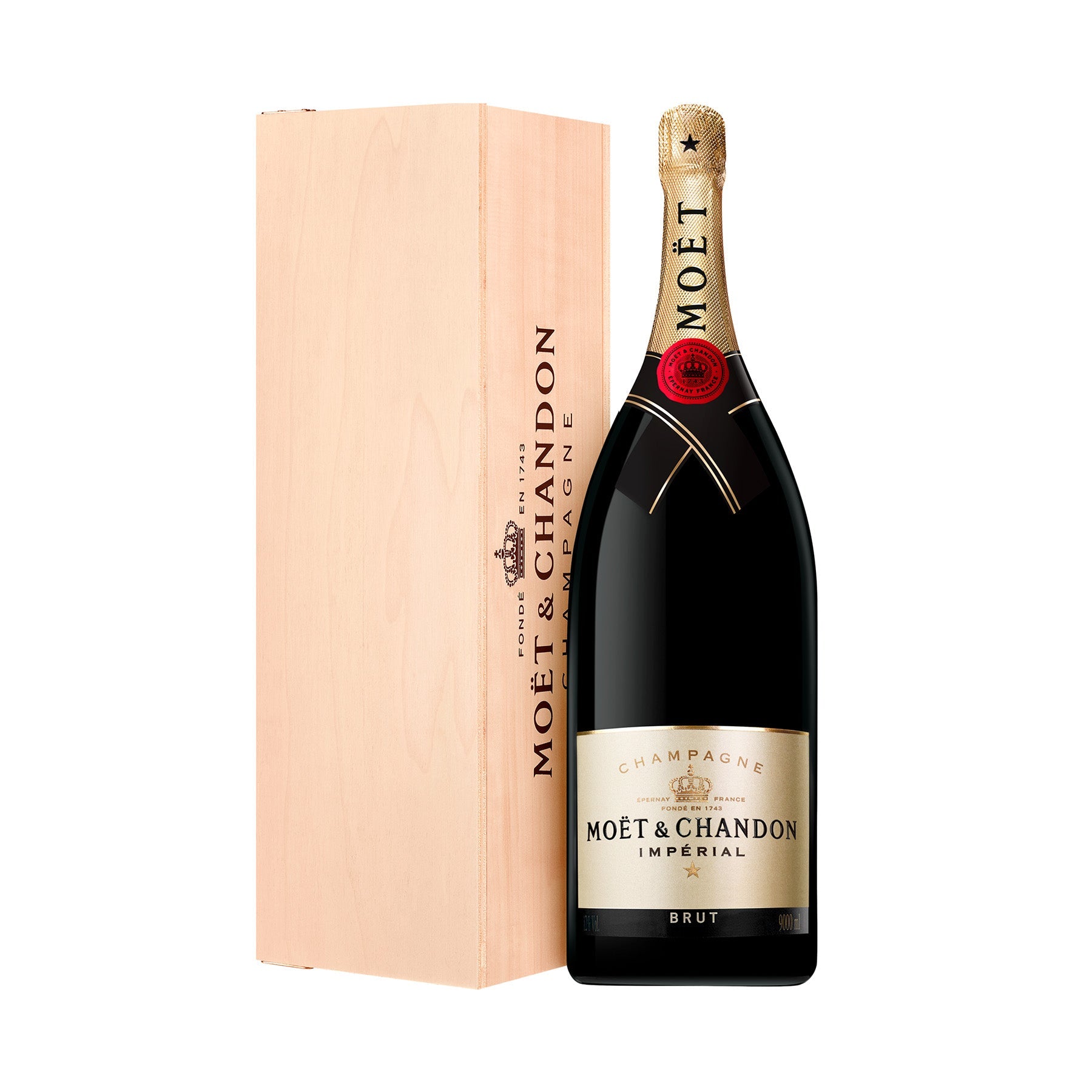 "Champagne Moët & Chandon Brut Imperial 3000 ml en caja de madera, lujo en cada burbuja."