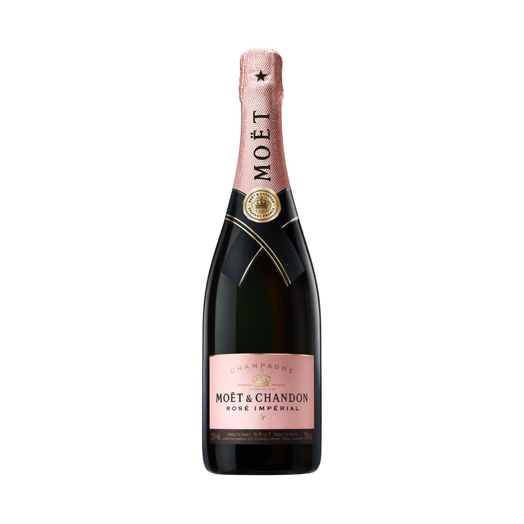 "Botella de Champagne Moët & Chandon Rosé Impérial 750 ml con su distintivo color rosado y elegante etiqueta."