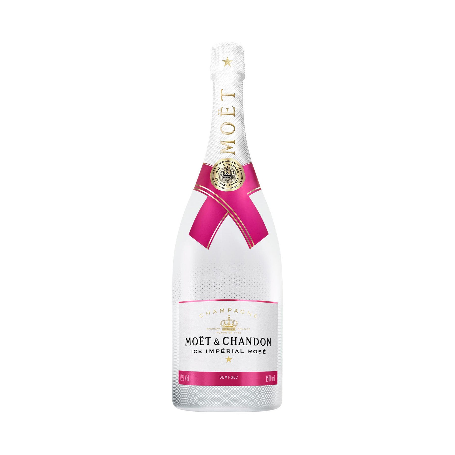Botella de Moët Ice Imperial Rosé 750 ML con fondo elegante y detalles sofisticados.