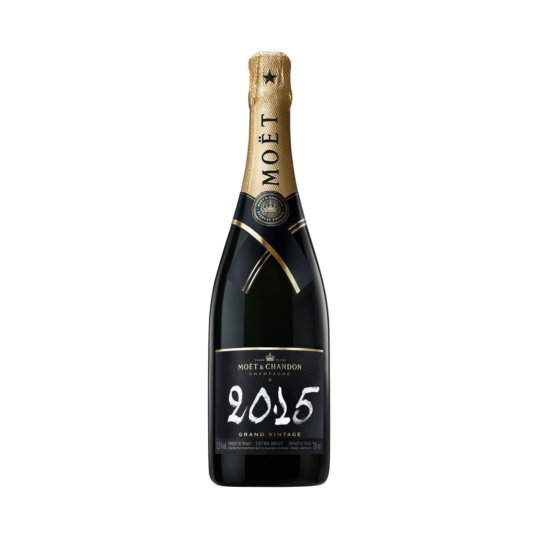 Botella de Moët Grand Vintage 750 ML con fondo elegante y detalles sofisticados.