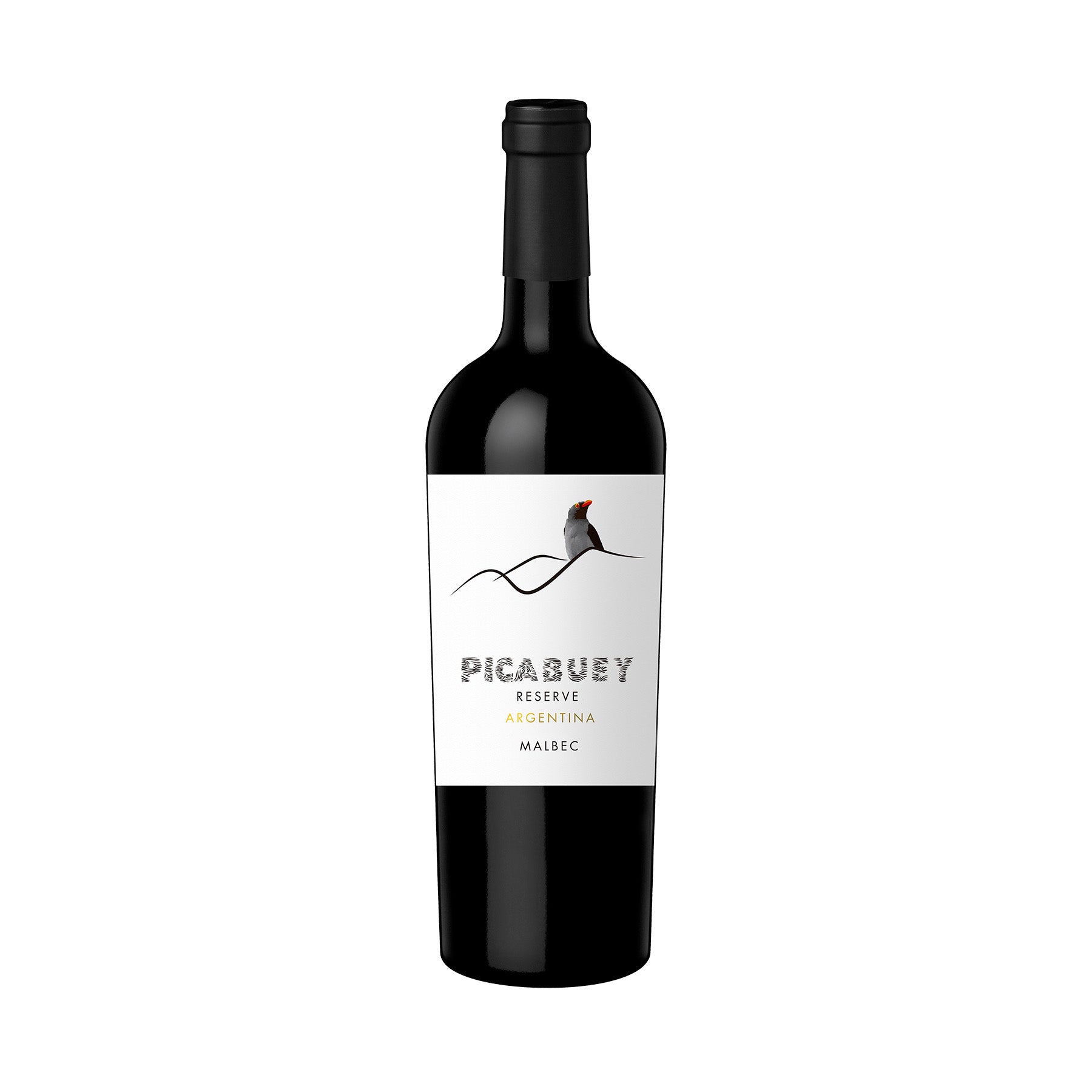 Botella de Vino Tinto Picabuey Reserve Malbec 750 ml sobre fondo blanco

