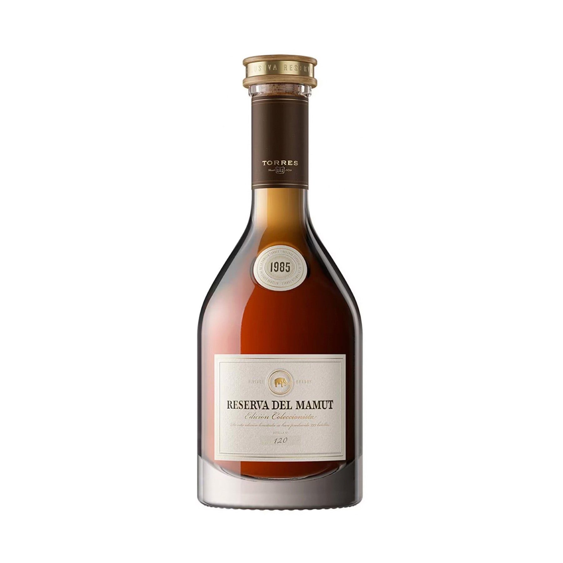 Brandy Torres Reserva del Mamut 750 ML, un destilado exclusivo con más de 30 años de maduración, disponible en Cava Sautto.