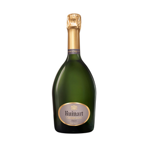Botella de Champagne Ruinart R de Ruinart 750 ML con fondo elegante y detalles sofisticados.