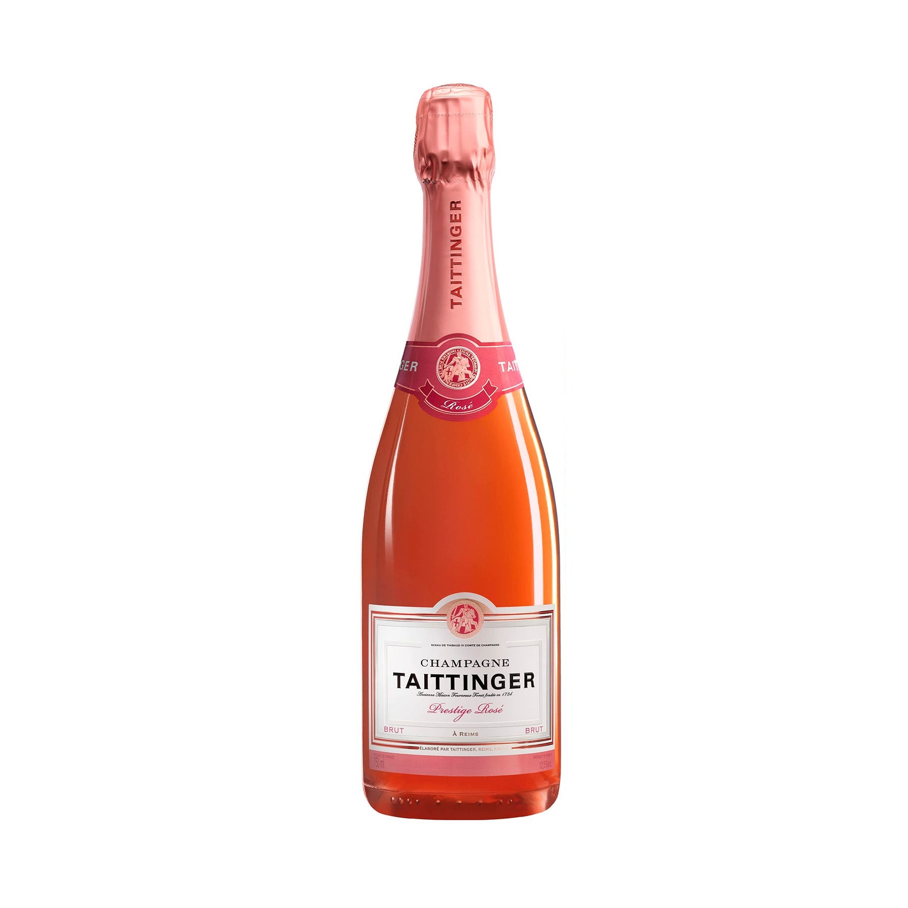 Botella de Champagne Taittinger Prestige Rosé 750 ML con fondo elegante y detalles sofisticados.