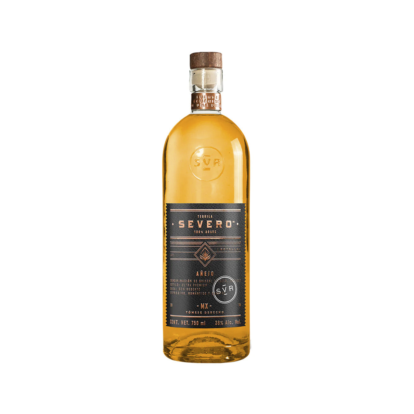 Tequila Severo Añejo 750 ml – Tequila añejo 100% agave con notas de roble y vainilla.