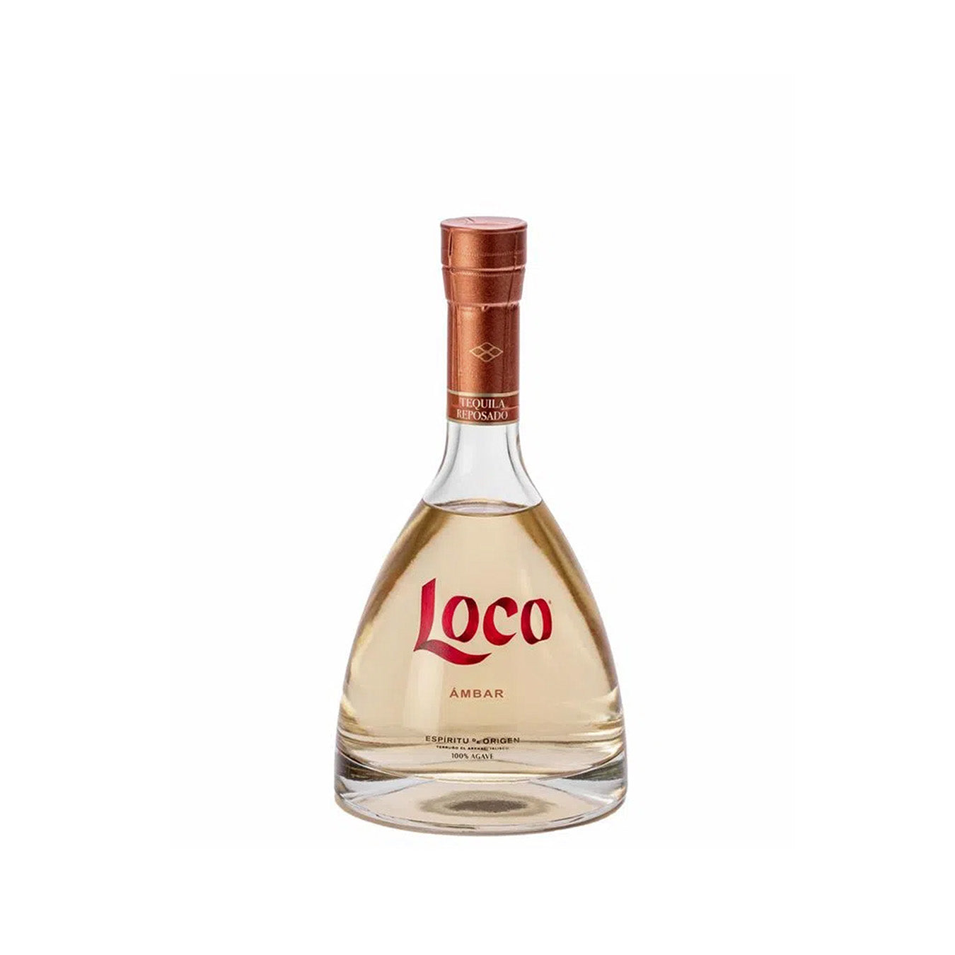 "Botella de Loco Tequila Ámbar 750 ml, un tequila premium con notas suaves de madera, vainilla y agave cocido."