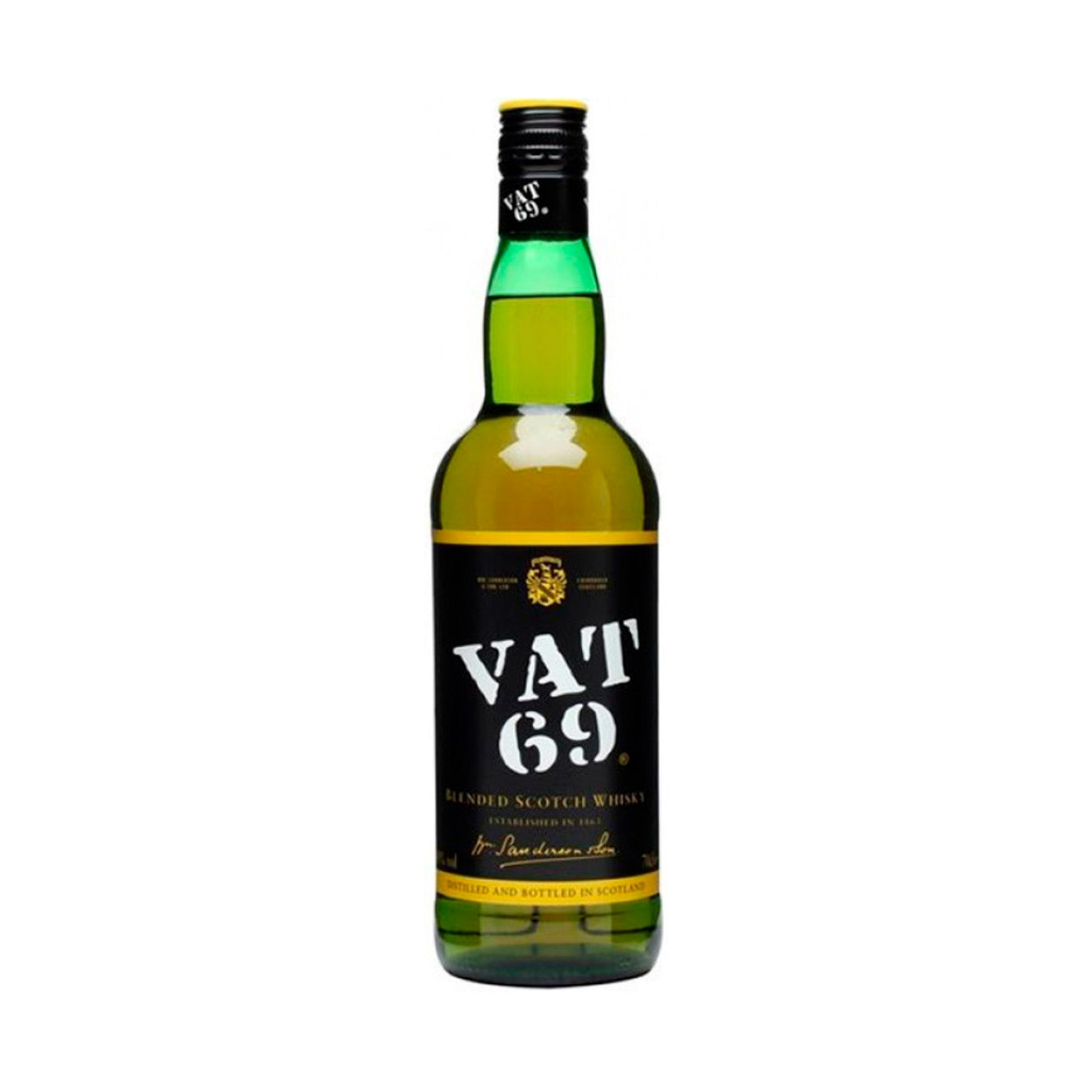 Botella de Whisky VAT 69 750 ml, un clásico escocés de sabor suave y equilibrado.