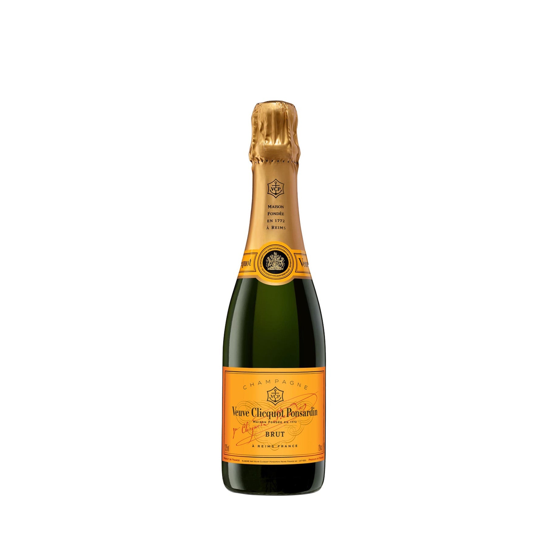 "Botella de Champagne Veuve Clicquot Yellow Label 375 ml con copa servida, reflejando su vibrante color dorado y burbujas finas."