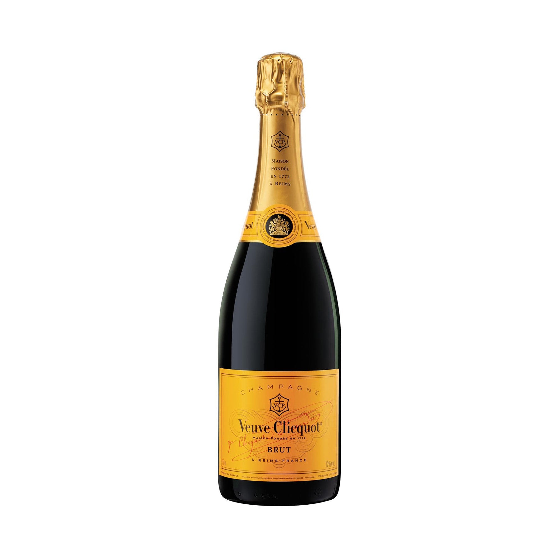 "Botella de Champagne Veuve Clicquot Yellow Label 750 ml servida en copa, resaltando su vibrante color dorado y fina efervescencia."
