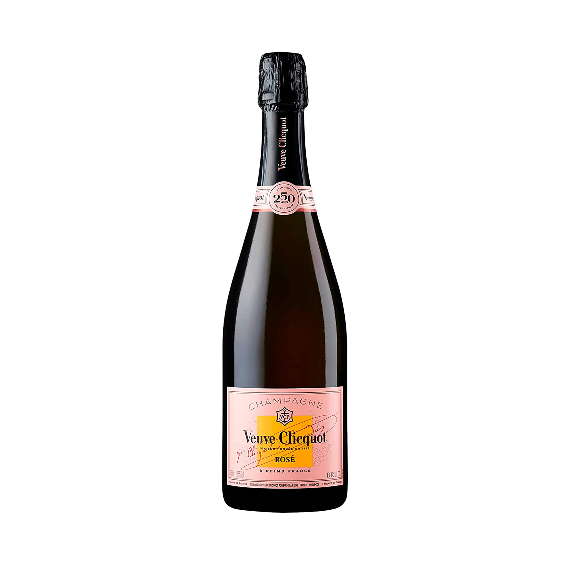 "Botella de Champagne Veuve Clicquot Rosé 750 ml con su elegante etiqueta rosa y dorada, destacando su vibrante color y refinado estilo."